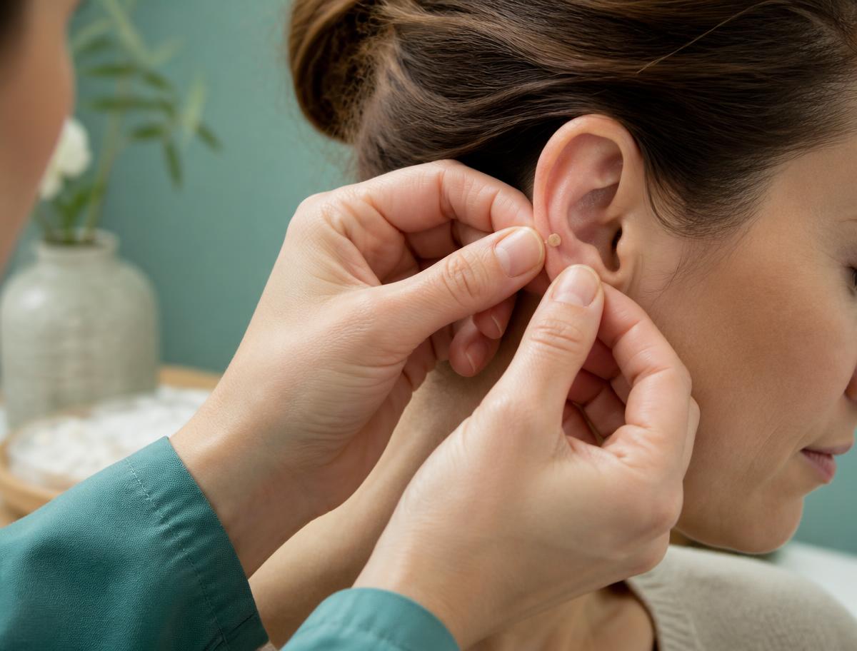 Therapist gently placing an ear seed during an auricular therapy session